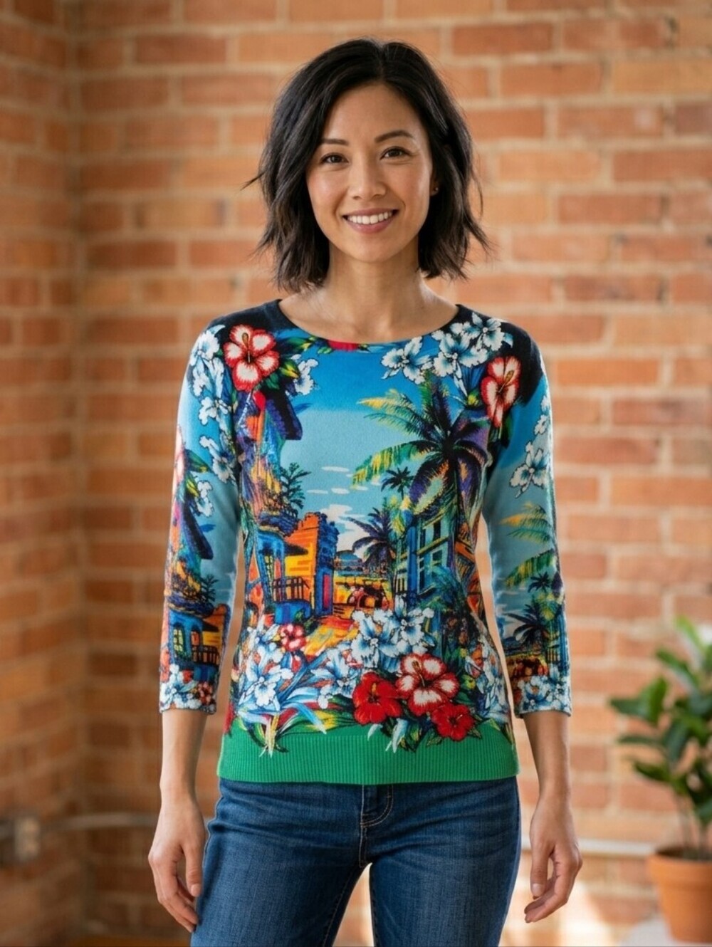 Joseph A  Sweater Womens S Floral City Cityscape Hawaiian 3/4 Sleeve Lightweight